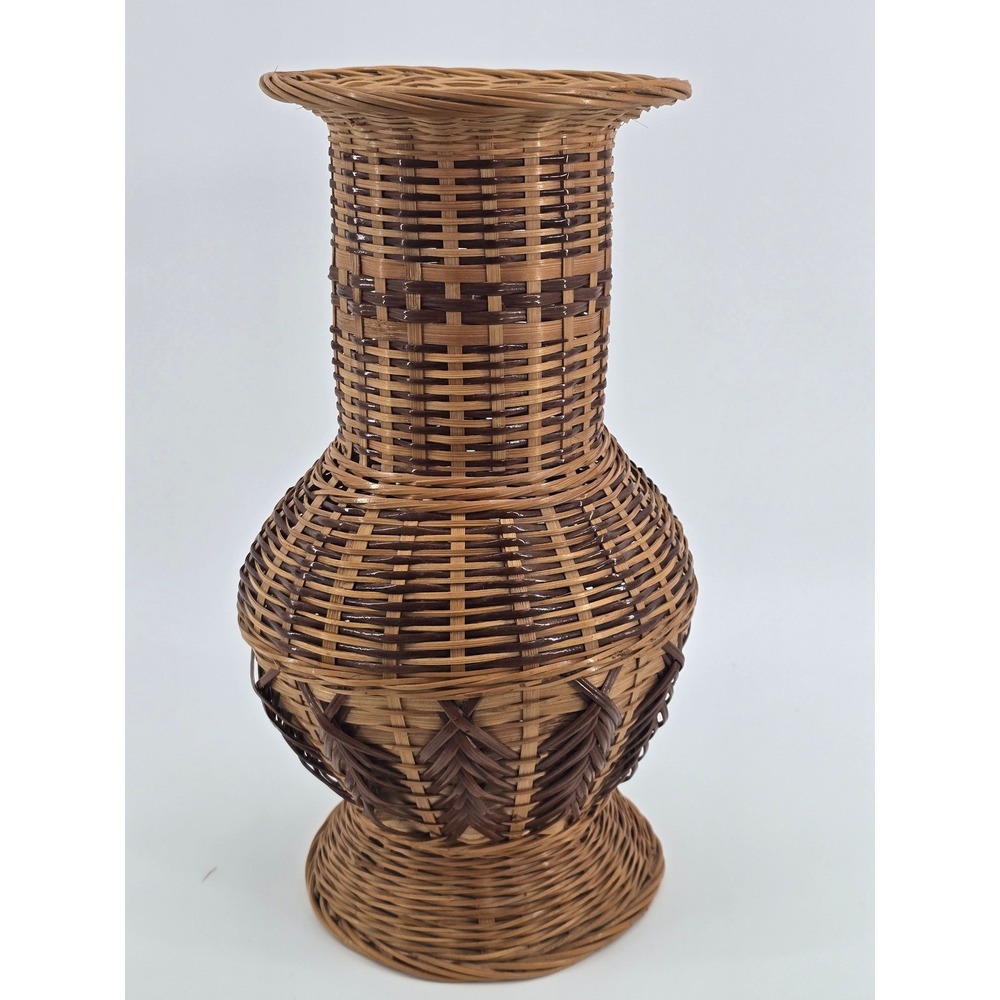 Vintage Woven Wicker Floor Vase Two Tone Brown Boho Decorative Basket 13.5 Inch